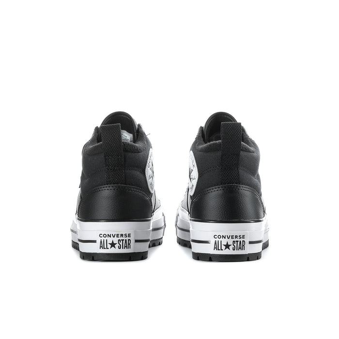 Men's black high-top boots, rear view with Converse All Star heel badge