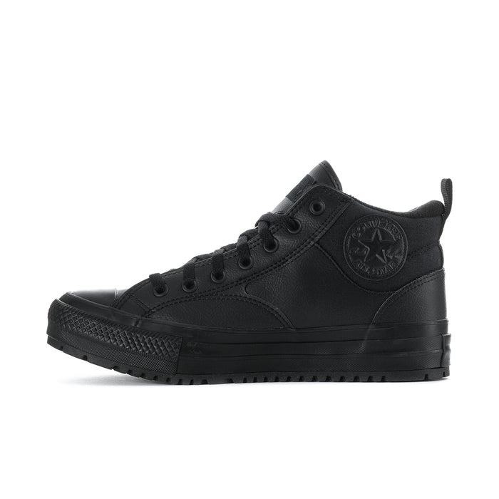 Black high-top lace-up boot with side emblem and lace-up eyelets