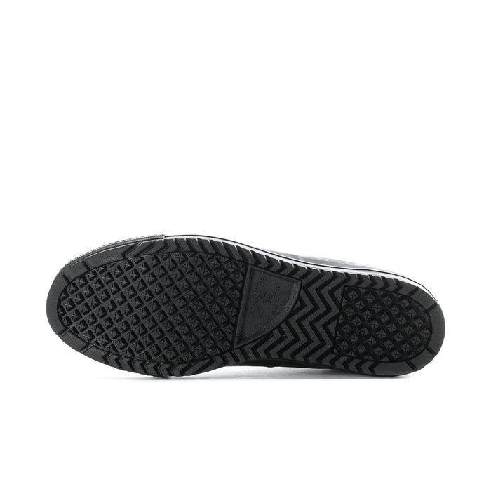 Black rubber outsole with deep tread pattern for traction