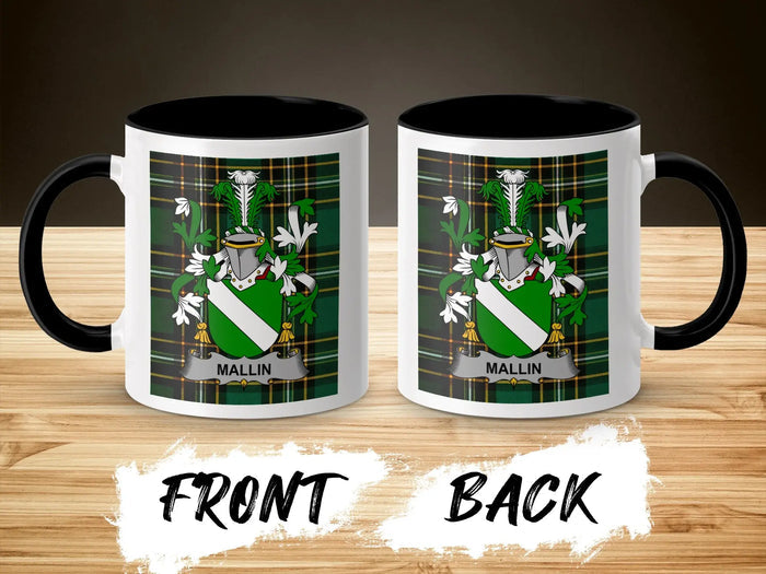 Two white mugs with black handles, each displaying the MALLIN coat of arms on a plaid background.