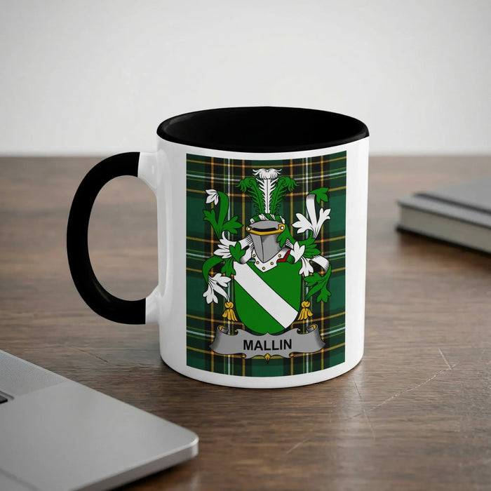 White mug with black handle, displaying a green tartan crest with the name "MALLIN".