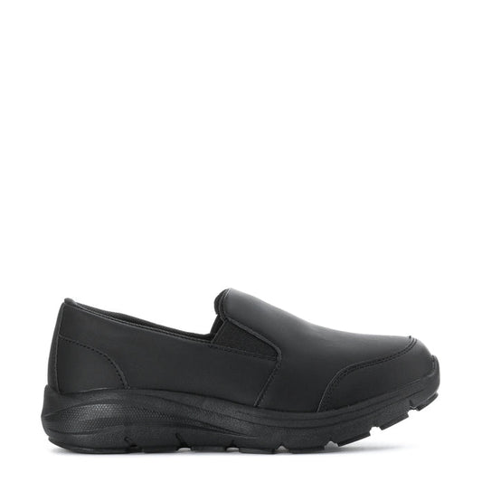 Women's black slip-on loafer with wide opening and cushioned sole
