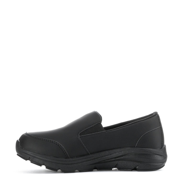 Women's black slip-on loafer with seam details and treaded rubber sole