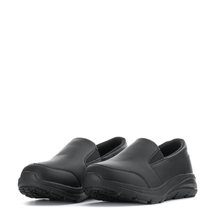 Women's black slip-on loafers with rounded toe and chunky rubber outsole