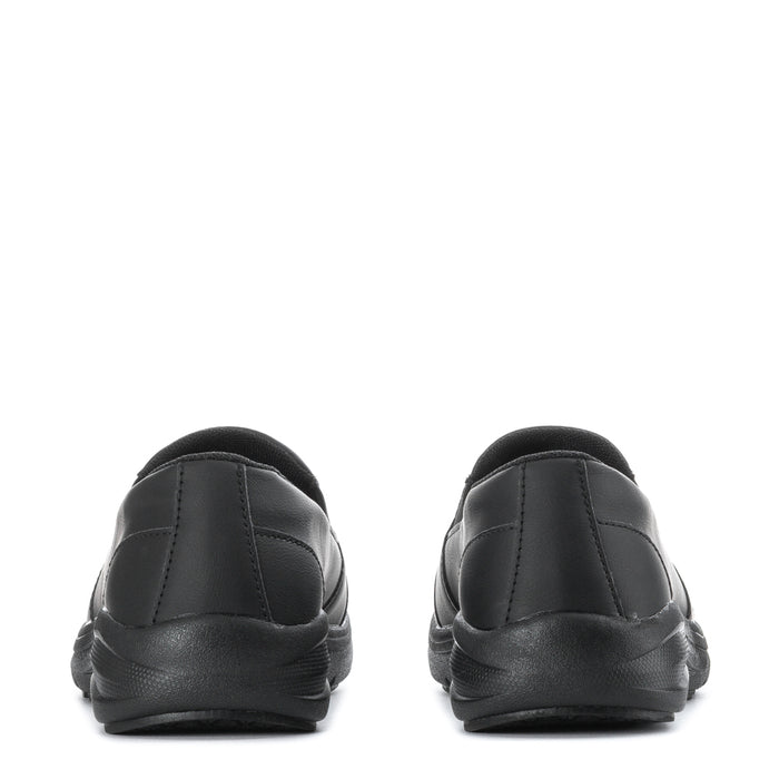 Women's black slip-on shoes, padded heel and stitched back panels