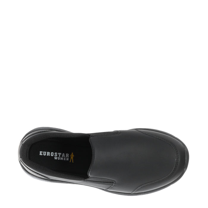 Women's black slip-on shoe with 'EUROSTAR WOMEN' insole label