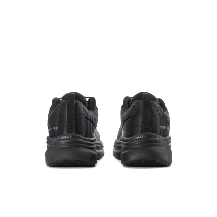 Pair of men's black sneakers from heel, padded back and treaded sole