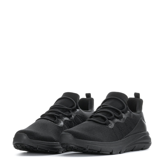 Women’s black lace-up sneaker pair shown from front with low-profile outsole
