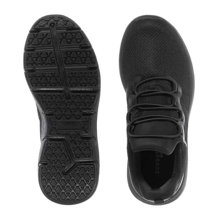 Women’s black sneaker outsole tread and lace-up upper shown in close view