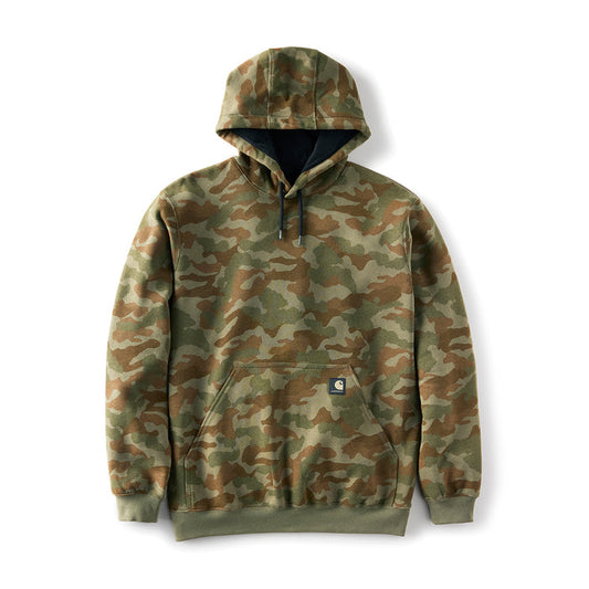 Men's camo sweatshirt hoodie in army green with drawstring hood and front kangaroo pocket
