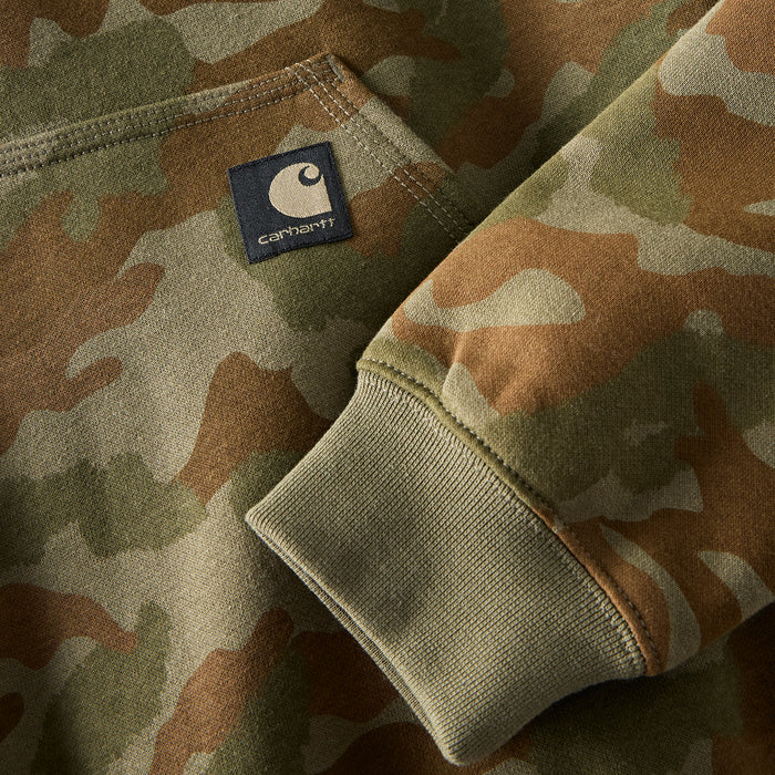 Ribbed cuff and hem detail on army green camo hoodie with Carhartt patch