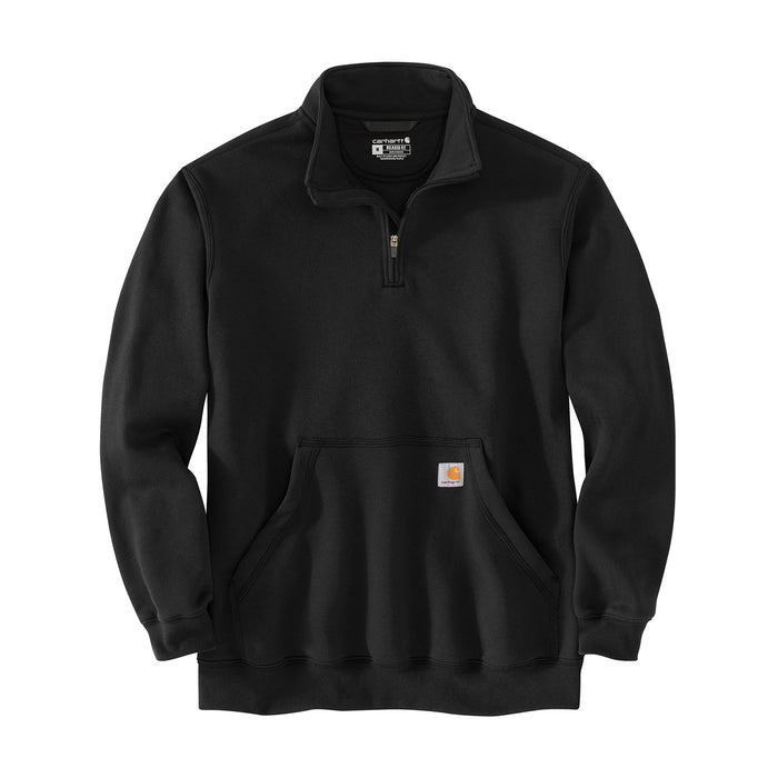 Black quarter-zip sweatshirt with stand collar, logo patch, and kangaroo pocket