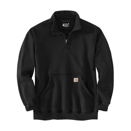 Black quarter-zip sweatshirt with stand collar, logo patch, and kangaroo pocket
