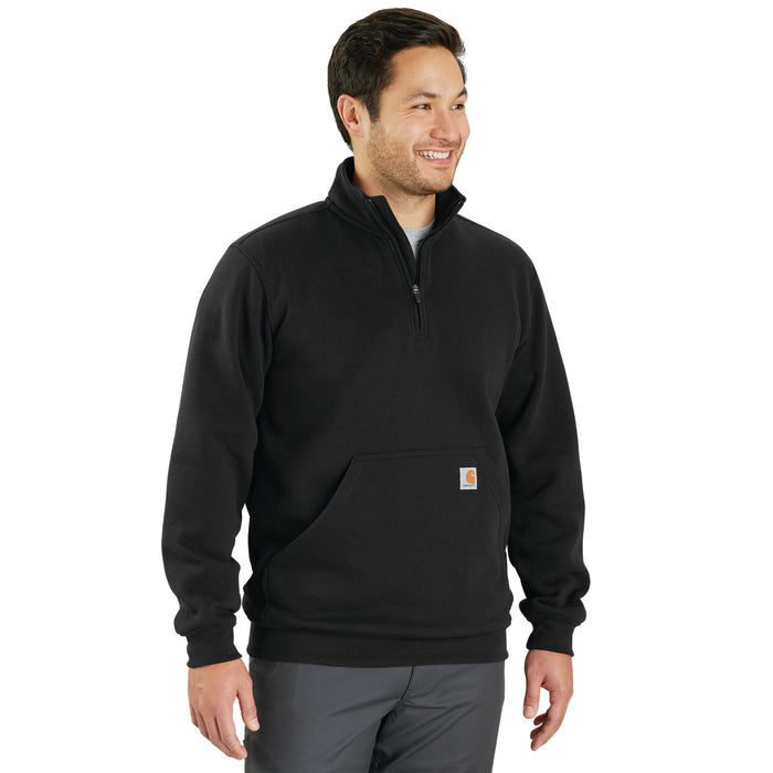 Black men's quarter-zip sweatshirt with stand collar and kangaroo pocket