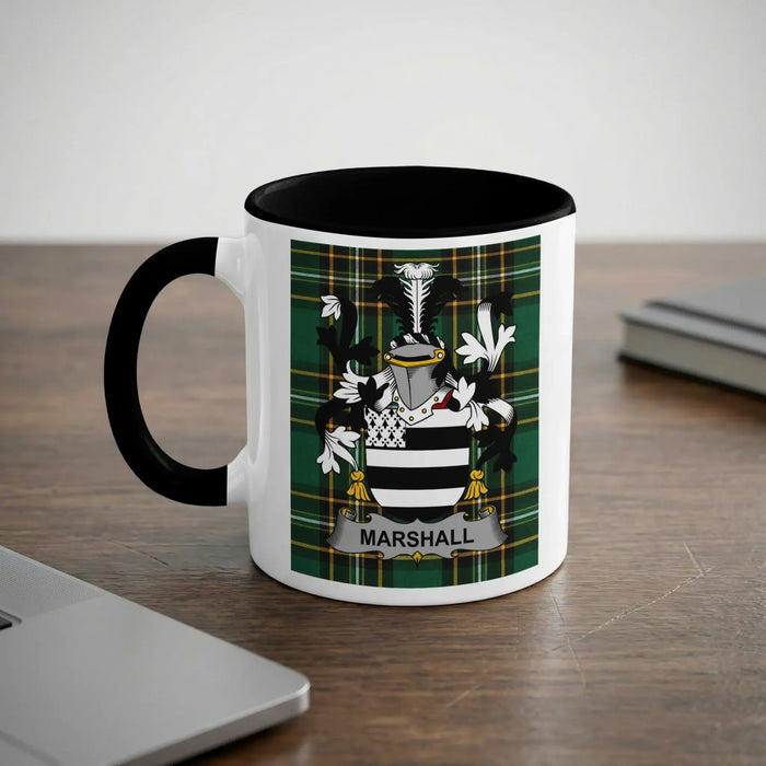 Marshall Irish heritage mug with black handle and family crest