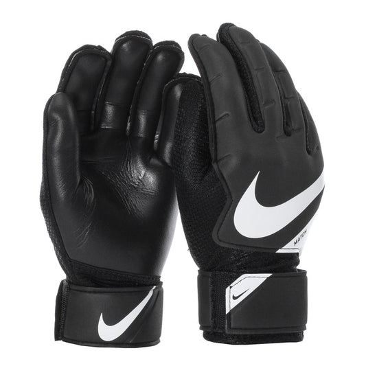 Black goalkeeper gloves with white Nike swoosh logo and wrist strap