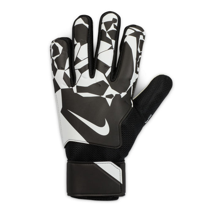 Black-and-white goalkeeper glove with Nike logo and textured backhand, padded wrist