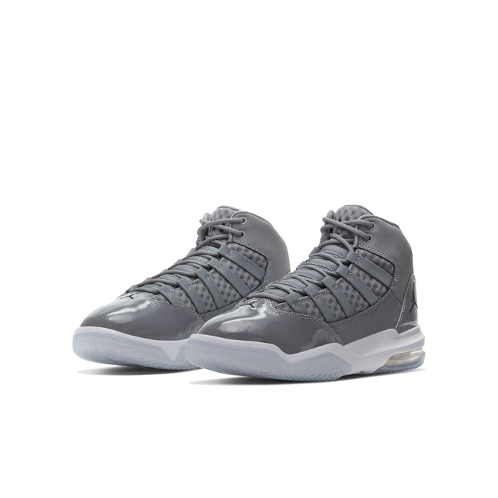 Youth basketball shoes, cool grey high-top with lace-up front and padded collar