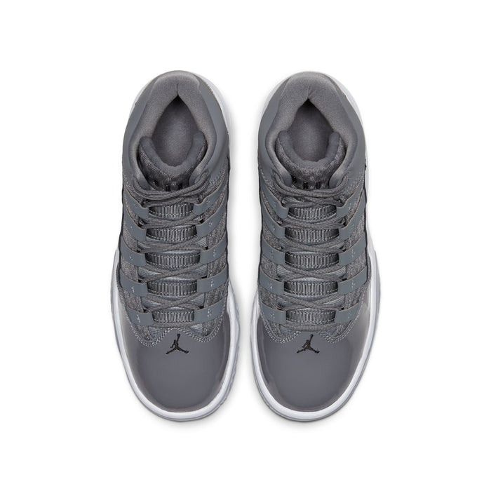 Youth basketball shoes, cool grey uppers with lace-up closure, top view pair