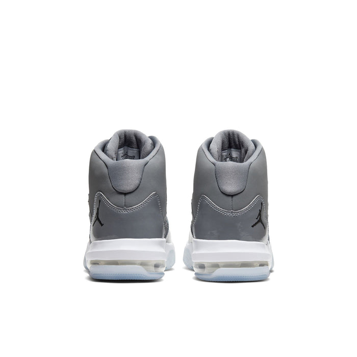 Youth basketball shoes in cool grey with rear pull tabs and cushioned heel