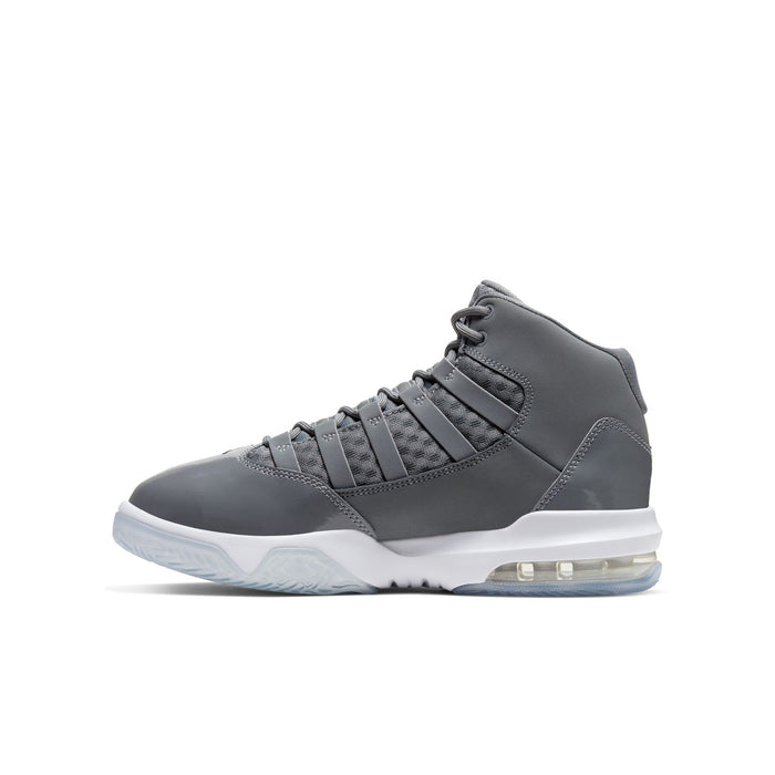 Youth basketball shoe in cool grey high-top with side strap, laces, and white outsole