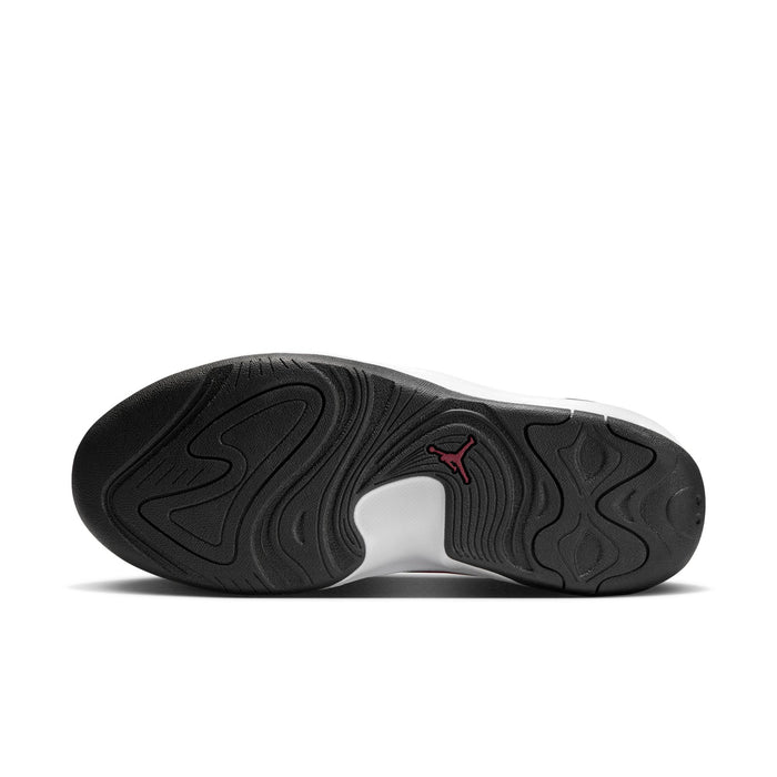 Men's black rubber outsole with red logo, textured traction pattern on the forefoot.