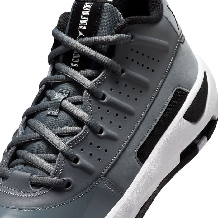 Close-up of men's high-top laces and perforated cool grey upper with black strap