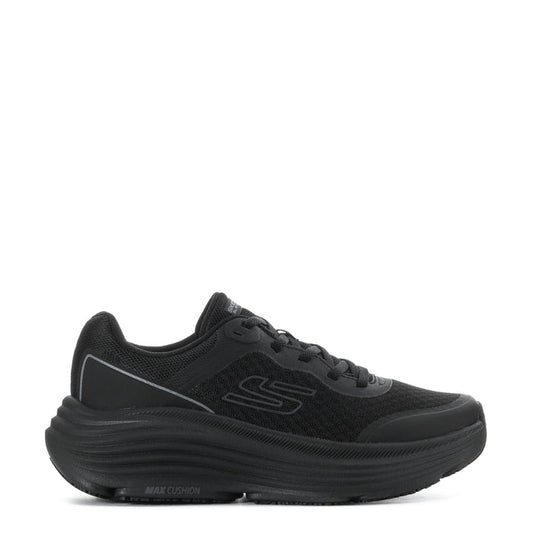Black women's lace-up cushioning sneakers with textured upper and thick rubber sole