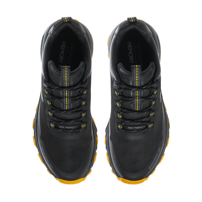 Pair of black men's lace-up sneakers with yellow accent stitching and Memory Foam lining