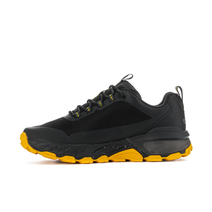 Black men's lace-up hiking-style shoe with yellow edge outsole and rugged tread