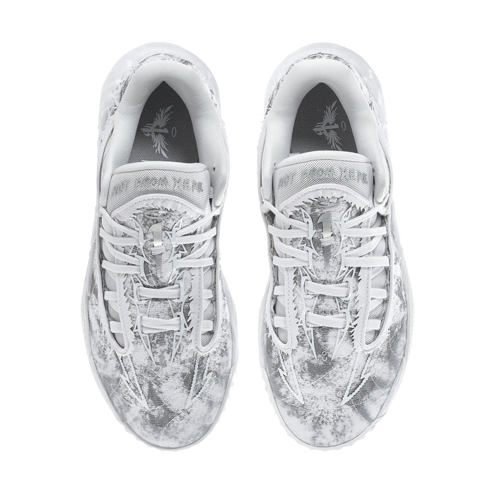 Pair of men's low-top sneakers from the front, gray speckled upper with white laces.