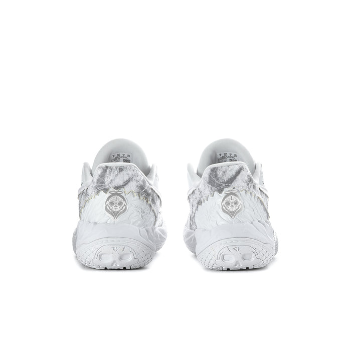 Pair of men's low-top sneakers from the back, gray speckled heel detail on white.