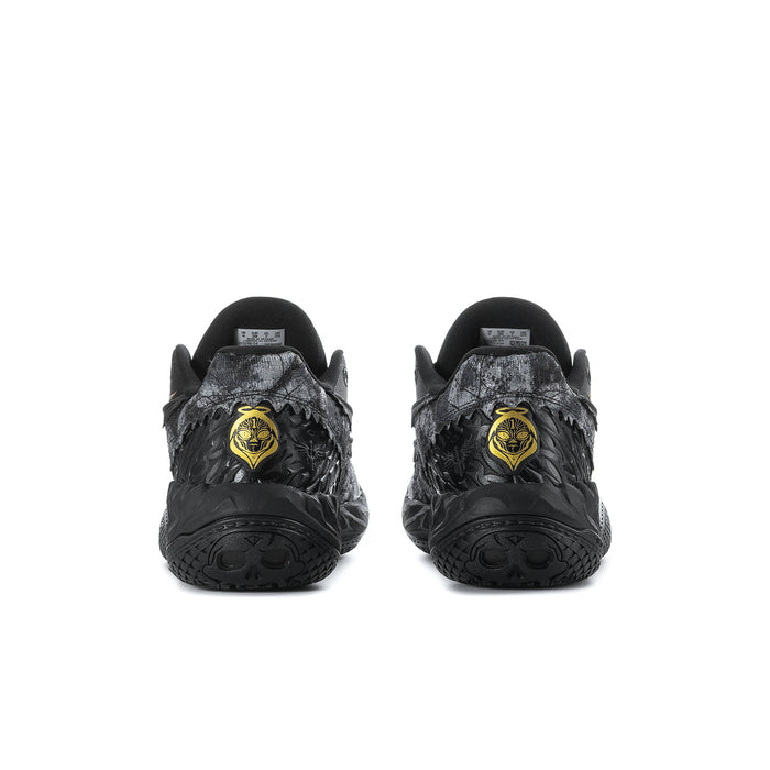 Men's sneakers rear view with gold emblem on heel, dark gray/black upper