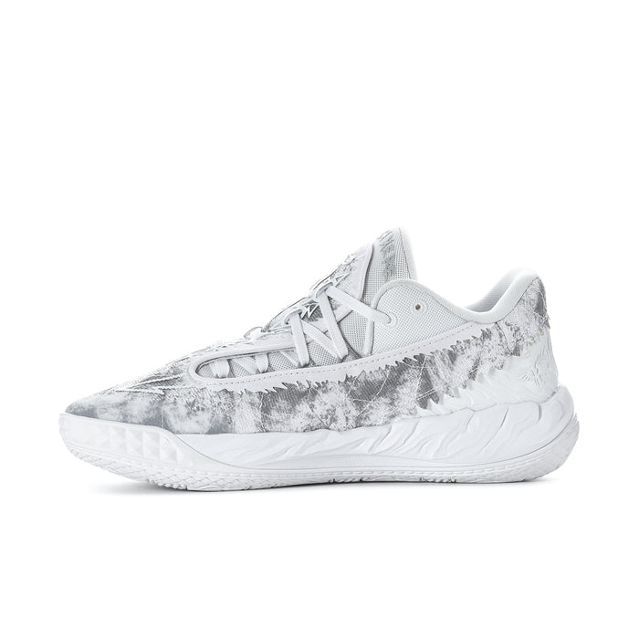 Men's low-top lace-up sneakers with gray speckled side panel and textured toe cap.