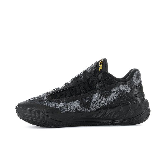 Men's low-top sneakers side profile with textured dark upper and yellow Puma logo