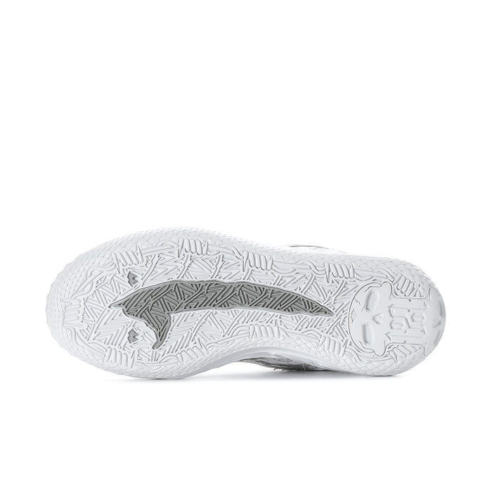 Outsole of men's low-top sneakers with patterned traction tread on white rubber.