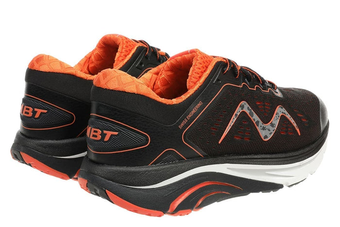 MBT 2000 Black Mars för herrar, svarta och orangea löparskor med ergonomisk rullsula sedda bakifrån.