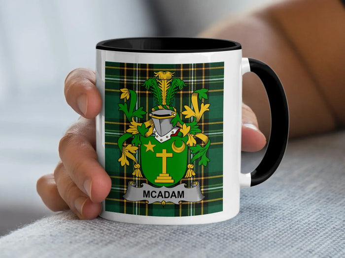 McAdam Irish family crest black accent mug