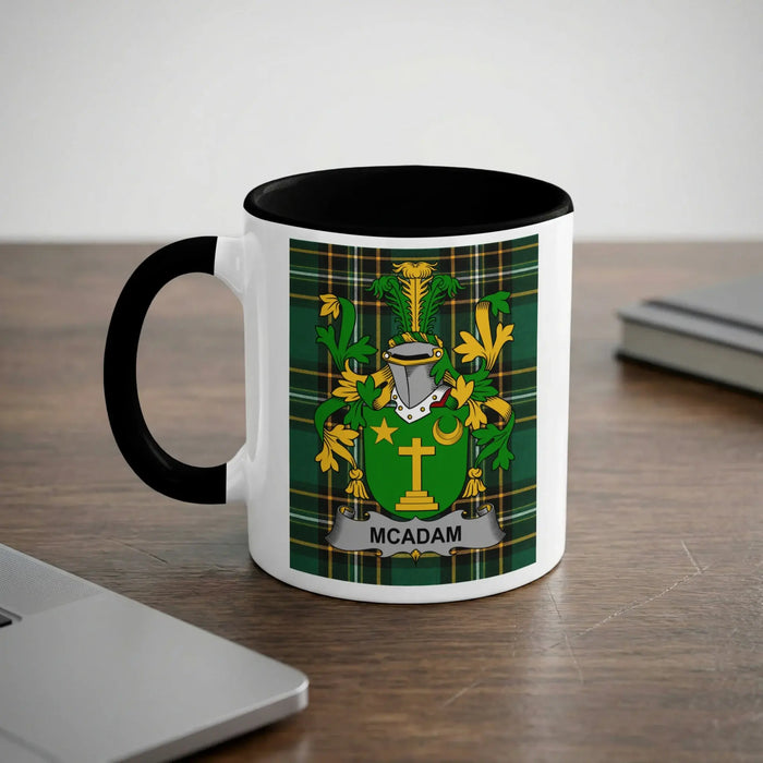 McAdam Irish heritage mug with black handle and family crest