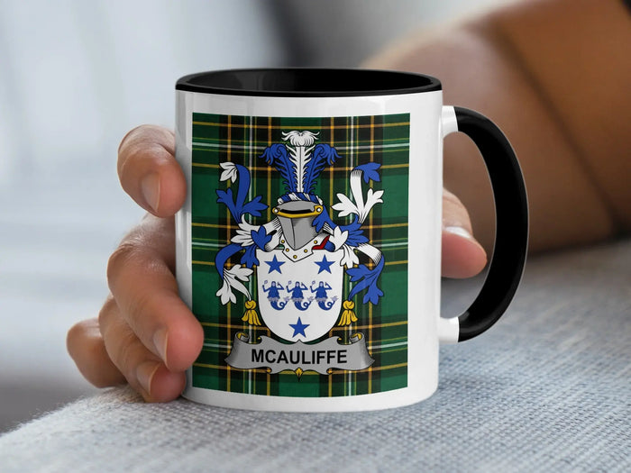 McAuliffe Irish family crest black accent mug