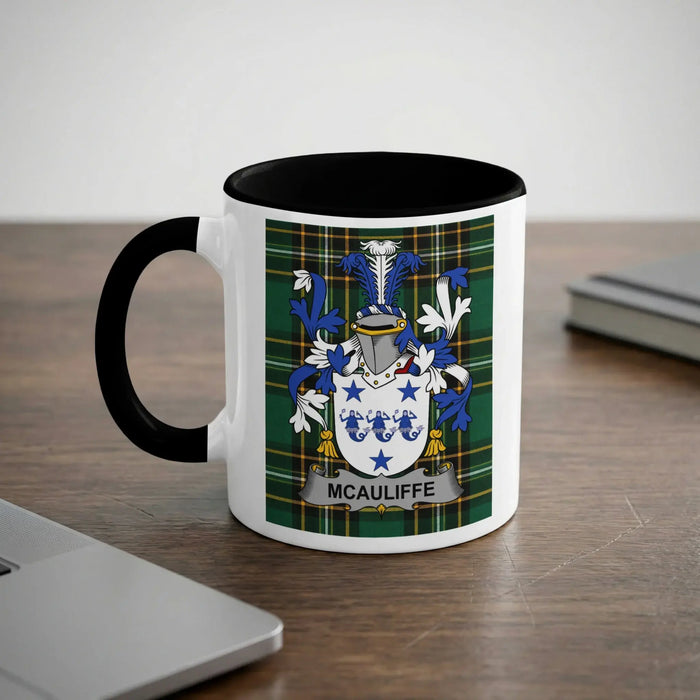 McAuliffe Irish heritage mug with black handle and family crest