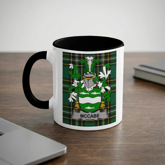 McCabe Irish heritage mug with black handle and family crest