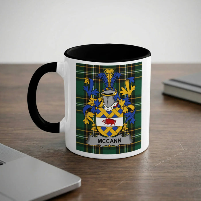 McCann Irish heritage mug with black handle and family crest