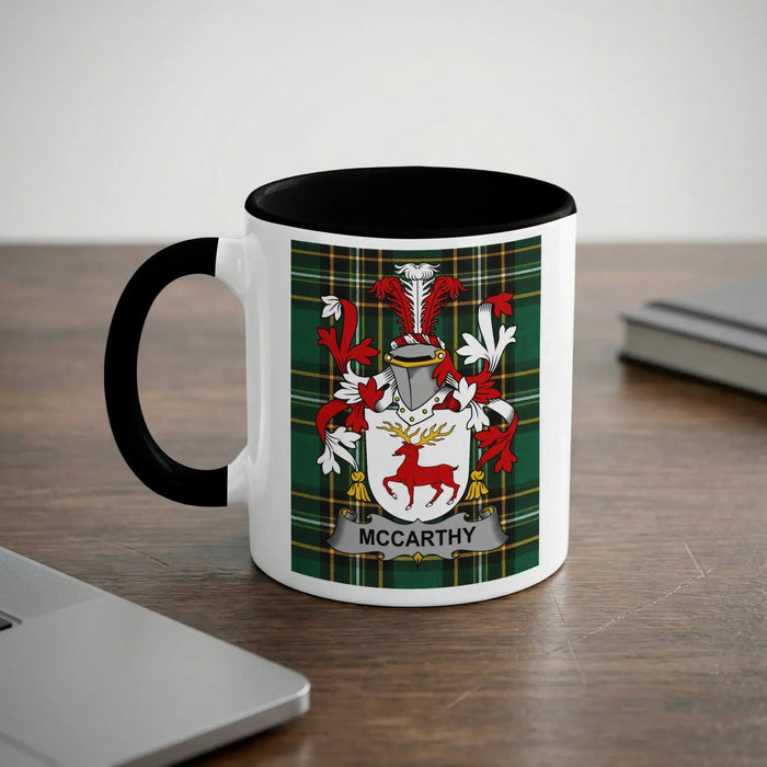 McCarthy Irish heritage mug with black handle and family crest