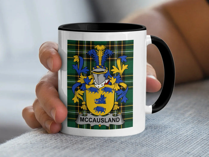 McCausland Irish family crest black accent mug