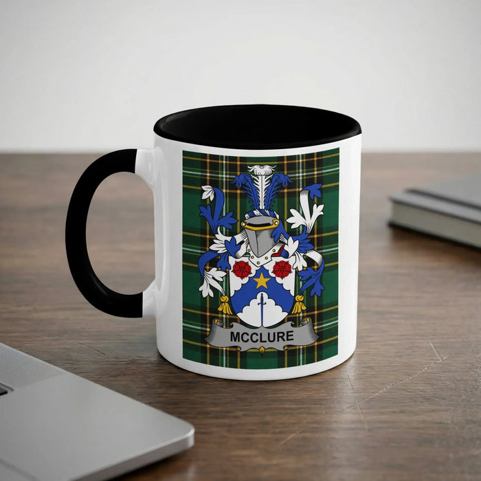 McClure Irish heritage mug with black handle and family crest