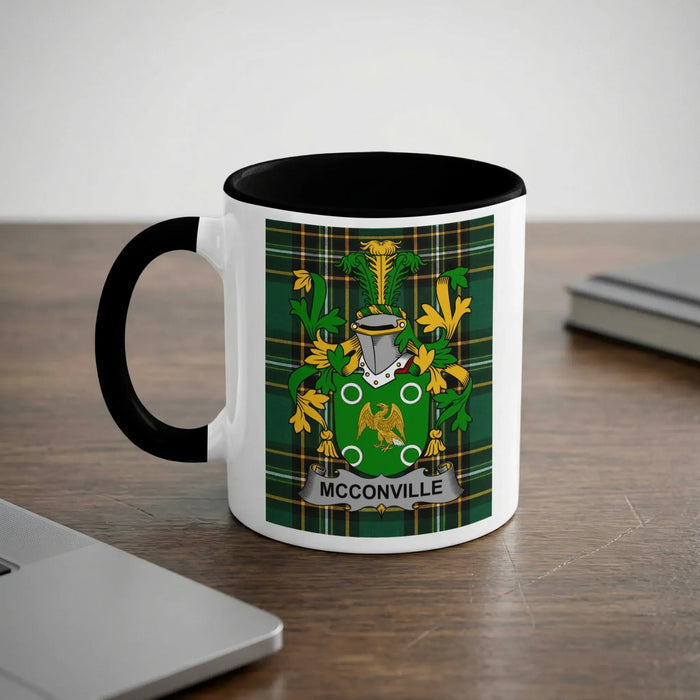 McConville Irish heritage mug with black handle and family crest