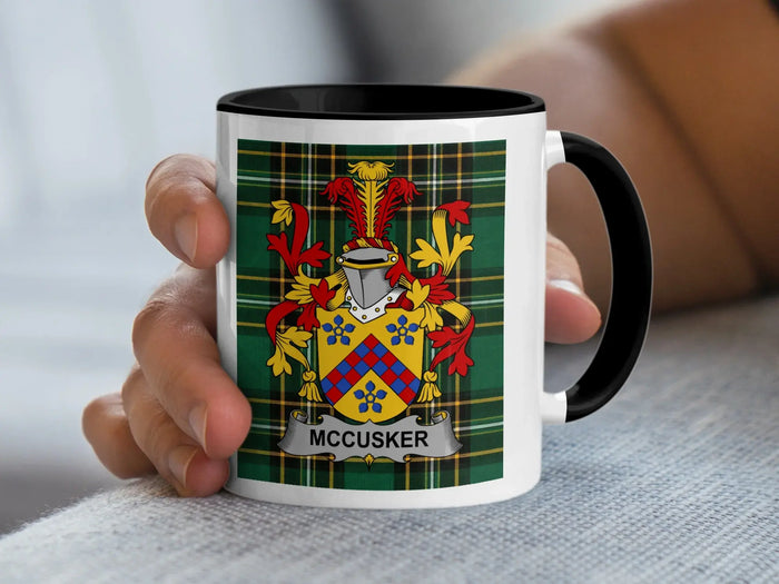 McCusker Irish family crest black accent mug