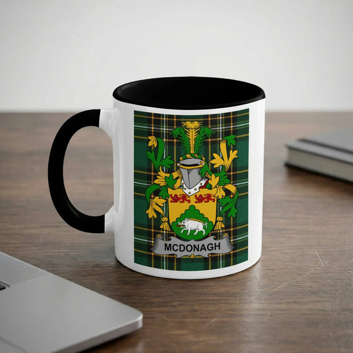 McDonagh Irish heritage mug with black handle and family crest