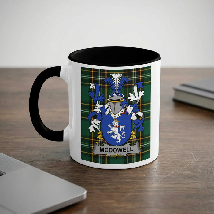 McDowell Irish heritage mug with black handle and family crest